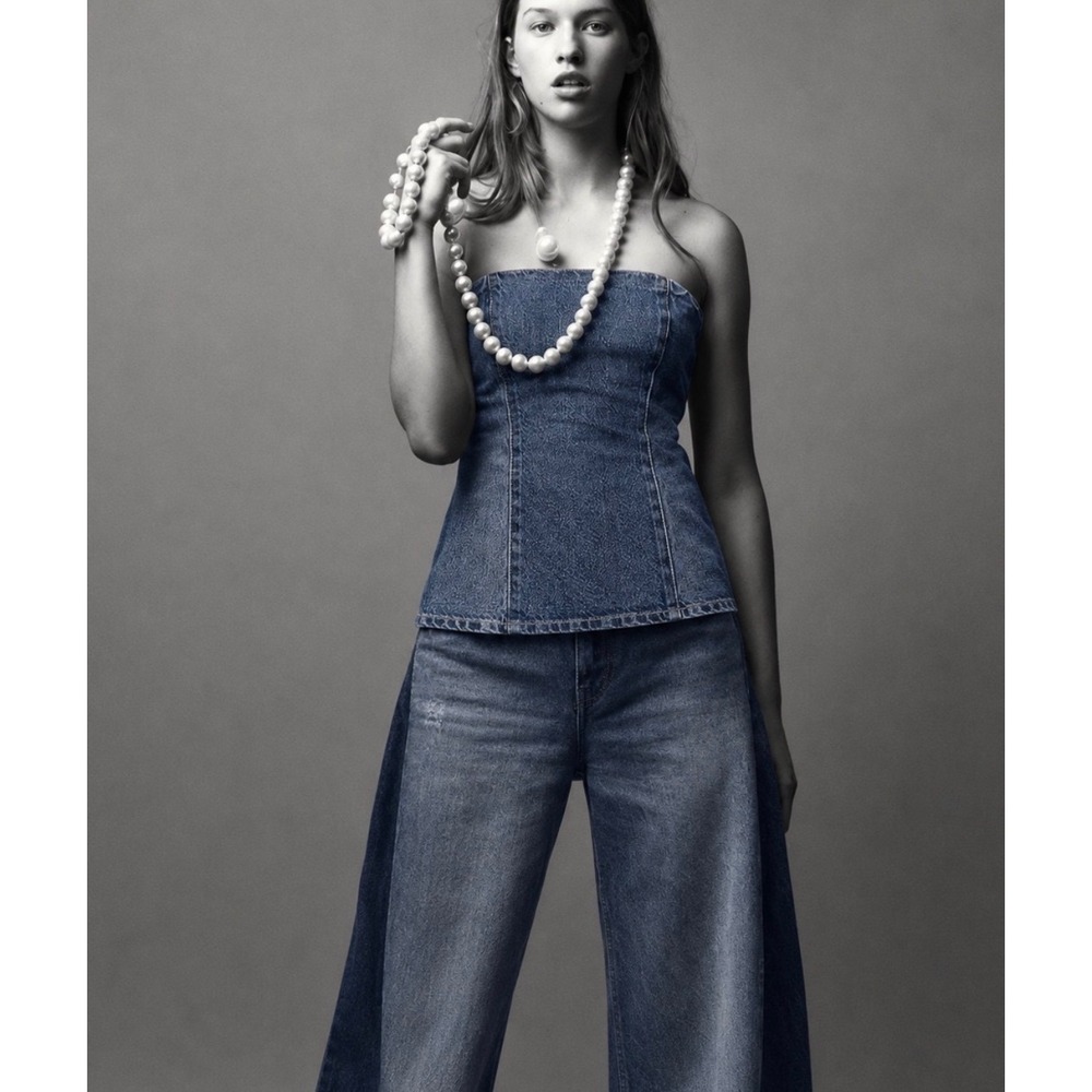 Zara TRF Two Tone Blue Denim Strapless Bandeau Corset Top Side Zip Small NEW - Picture 2 of 10